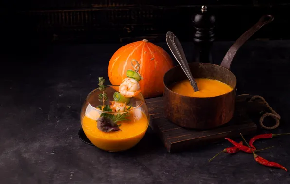 Pumpkin, pepper, vegetables, scoop, pumpkin soup, pumpkin puree