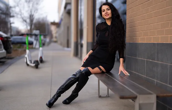 Picture look, pose, street, model, skirt, portrait, boots, makeup