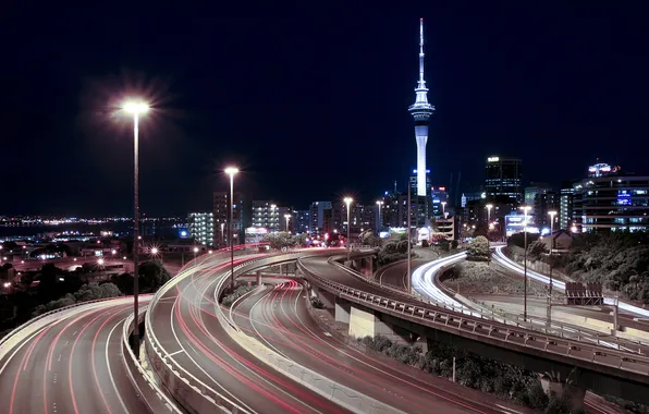 Road, night, lights, New Zealand, Auckland, New Zealand, Auckland, night