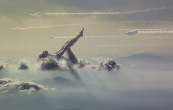 Girl, clouds, creative, fantasy, paper planes