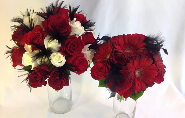 Picture red, roses, bouquet, white, gerbera