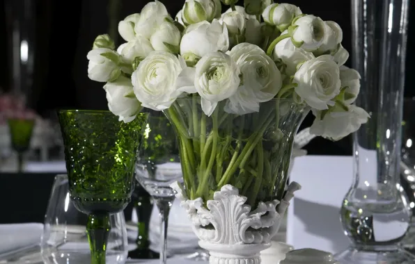 Flowers, table, tenderness, bouquet, vase, Ranunculus, serving