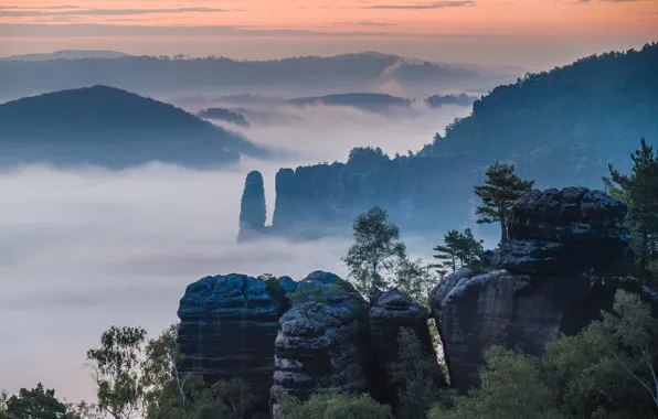 Mountains, fog, rocks, Elbe Sandstone mountains