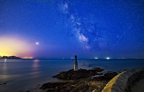 Sea, night, France, statue, the milky way, France, Brittany, starry sky