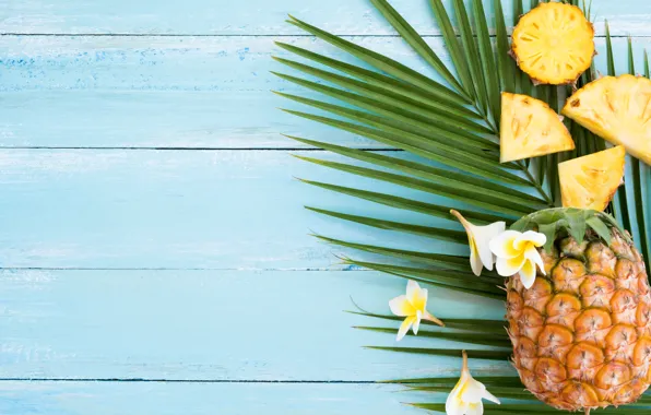 Summer, fruit, pineapple, fresh, wood, slices, flowers, fruit