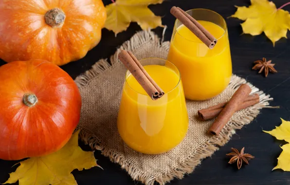 Autumn, table, yellow, glasses, juice, pumpkin, drink, cinnamon