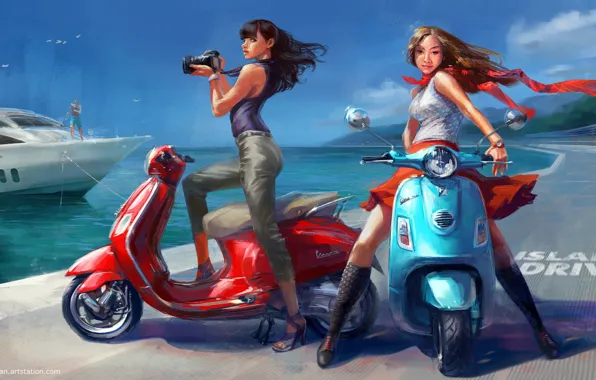 Picture sea, summer, girls, stay, yacht, art, scooter, Vadim Gousmanov