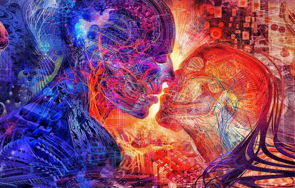 Picture love, blue, red, abstraction, meeting, kiss, red, love