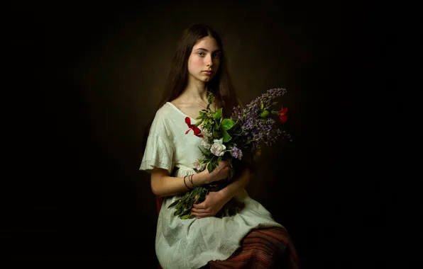 Look, girl, flowers, pose, background, model, portrait, bouquet
