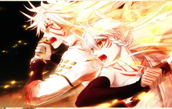 Magic, attack, katana, horns, demons, yellow eyes, toki no kizuna, yukina suzumori