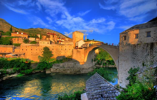 Picture bridge, river, home, Bosnia and Herzegovina, Mostar