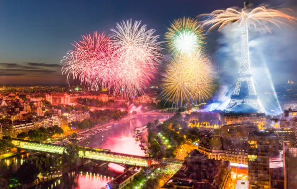 France, Paris, tower, salute, fireworks, The Bastille day, 14 Jul 2015