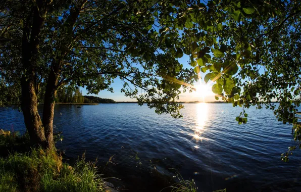 The sun, sunset, lake, Finland, Lake Hinjärv