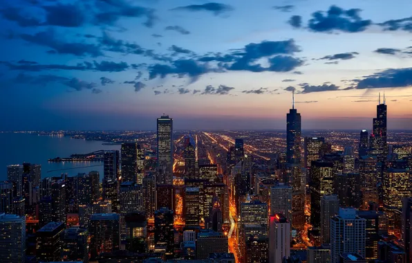 The sky, clouds, night, the city, lights, view, building, height