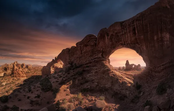 The sky, light, mountains, clouds, rocks, desert, view, arch