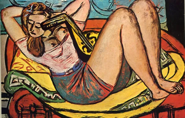 Picture chest, chair, 1950, Vanguard, Expressionism, Max Beckmann, Woman with mandolin in yellow and red