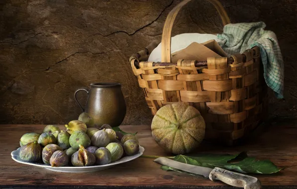 Food, knife, mug, still life, basket, items, figs