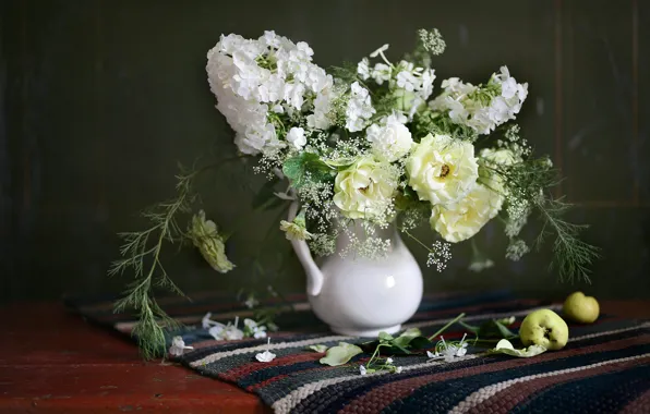 Flowers, table, apples, roses, bouquet, petals, Mat, pitcher