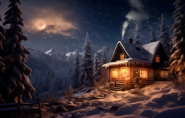 Winter, forest, snow, mountains, night, house, the moon, Christmas