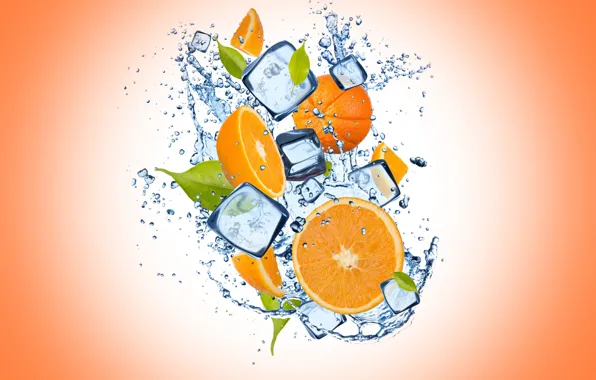 Picture ice, water, drops, orange, ice, orange background, water, slices