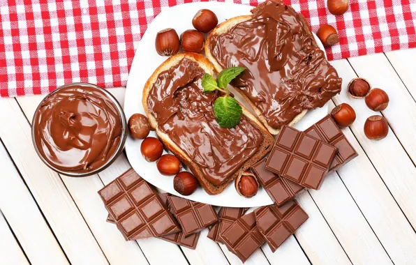Chocolate, plate, bread, nuts, sweet, pasta