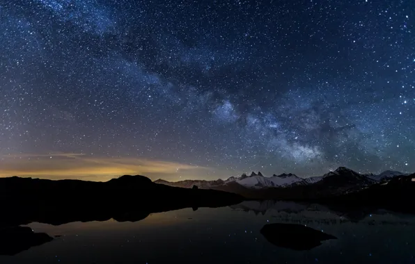 The sky, stars, snow, landscape, mountains, night, lake, the milky way