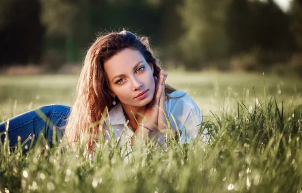 Picture look, the sun, nature, pose, model, portrait, jeans, makeup