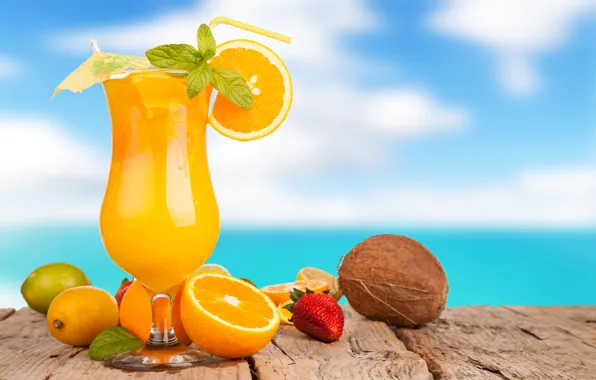Picture summer, umbrella, lemon, glass, coconut, oranges, strawberry, juice