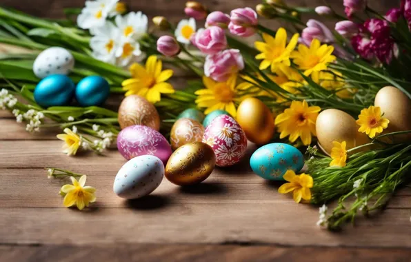 Flowers, eggs, spring, colorful, Easter, happy, flowers, spring