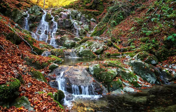 Autumn, stones, waterfall, moss, cascade, fallen leaves