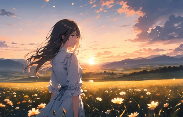 Field, the sun, landscape, sunset, flowers, woman, anime, field