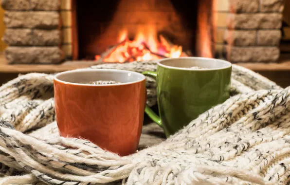 Picture winter, love, fire, scarf, pair, fireplace, love, hot