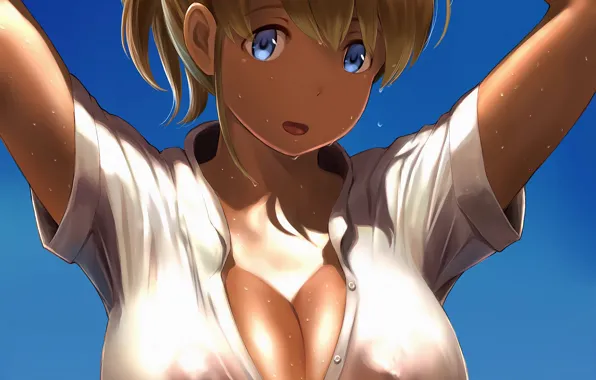 Picture girl, sexy, wet, cleavage, boobs, anime, blue eyes, beautiful