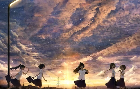 The sky, the sun, clouds, sunset, girls, home, anime, art