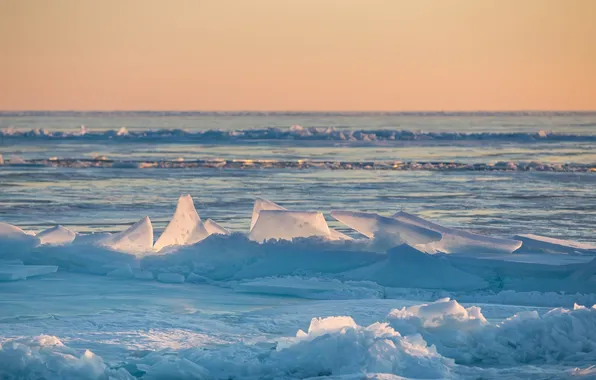 Ice, the sky, snow, landscape, sunset, ice
