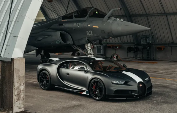 Picture car, Bugatti, fighter, Chiron, Bugatti Chiron Sport, The Legends Of The Sky, Dassault Rafale M …