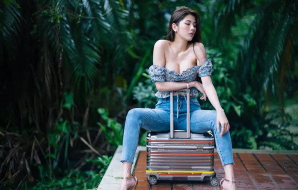 Picture girl, pose, jeans, suitcase, Asian