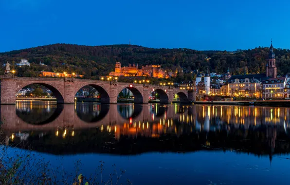 Bridge, reflection, river, castle, hills, building, home, Germany