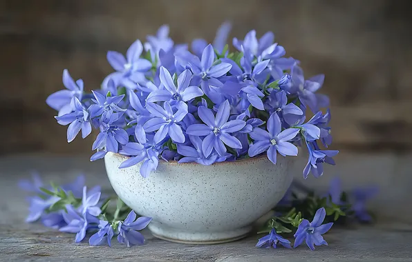 Flowers, table, bouquet, spring, Cup, grey background, blur, a bunch