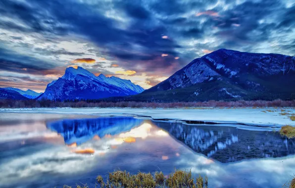 Winter, mountains, lake, Canada, Albert, twilight, national Park, Banff