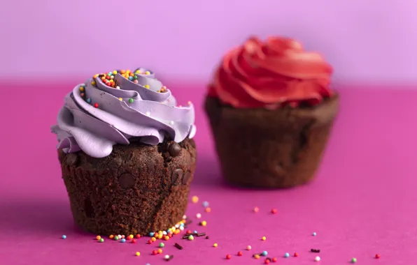 Cake, pink background, cream, cupcakes
