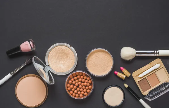 Lipstick, shadows, cosmetics, lacquer, powder, brush