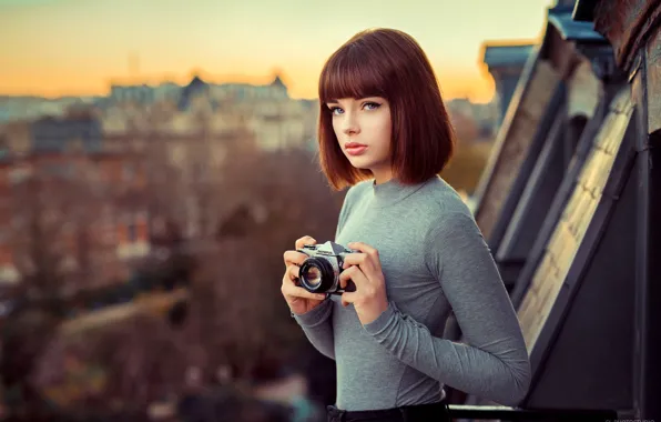 Look, the city, model, portrait, makeup, hairstyle, the camera, brown hair