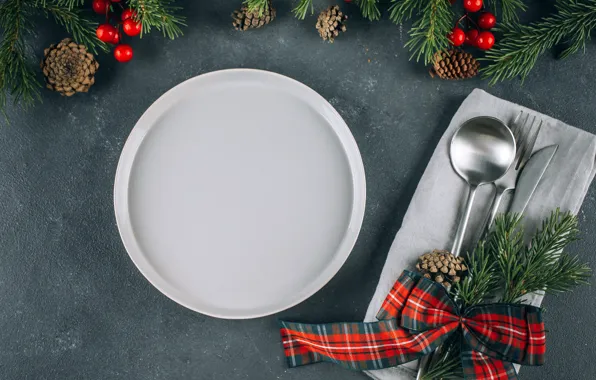 Branches, fruit, plate, Christmas, spoon, knife, New year, plug