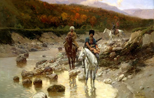 Picture, painting, Cossacks, ROUBAUD Franz, The Cossacks near a mountain river