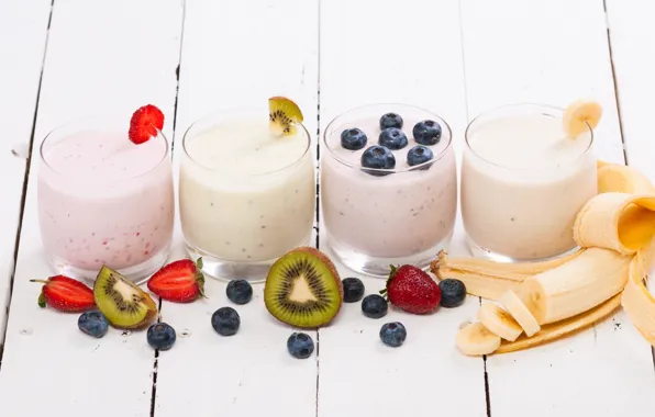 Glass, berries, Breakfast, kiwi, blueberries, strawberry, bananas, fruit