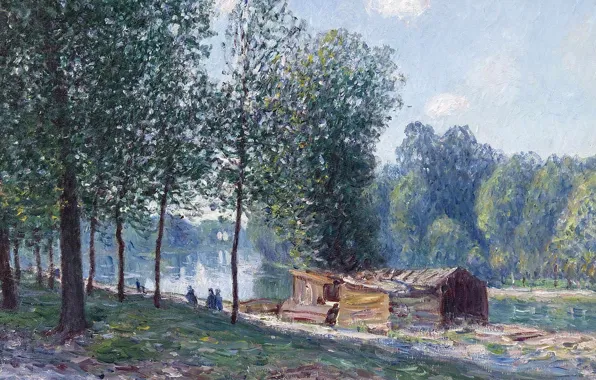 Picture picture, trees, Hut on the Bank of the Luena. Morning Effect, Alfred Sisley, river, Alfred …