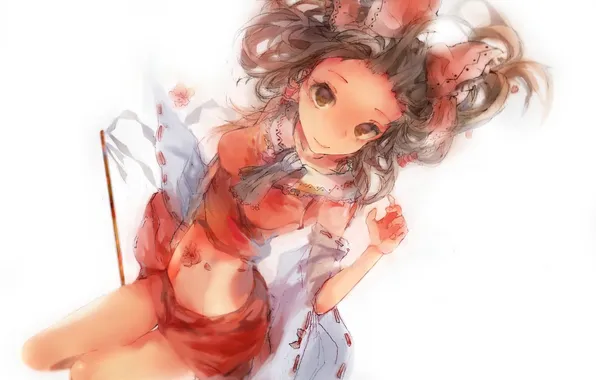 Picture girl, smile, anime, art, bow, touhou, hakurei reimu, akidee