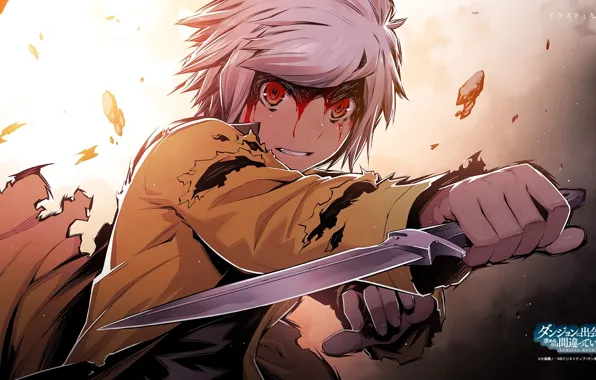 Blood, anime, dagger, guy, blade, Dungeon ni Deai o Motomeru no wa Machigatte Iru Darouka, …