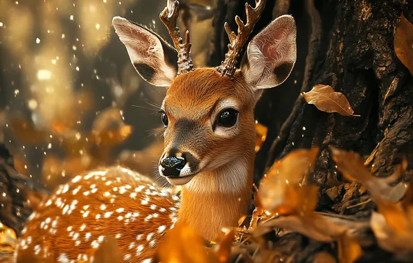 Autumn, look, tree, foliage, portrait, deer, fawn, face